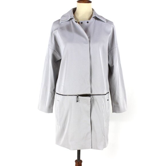 St. John Grey Lightweight Snap Front Zip-Off Hemline Jacket Trench Coat P 2